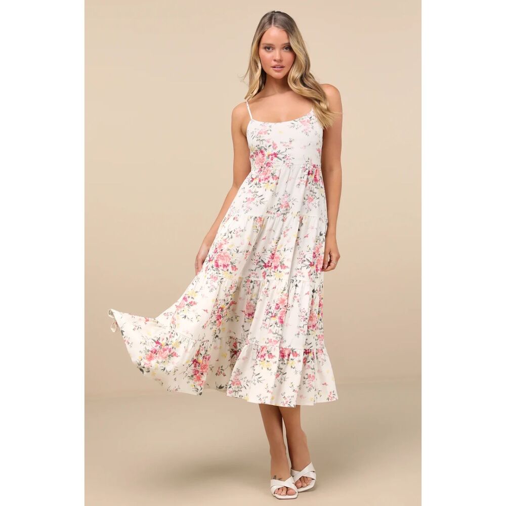 Lulus Mykonos Mood Pink and Ivory Floral Tie-Strap Tiered Midi Dress Size XS